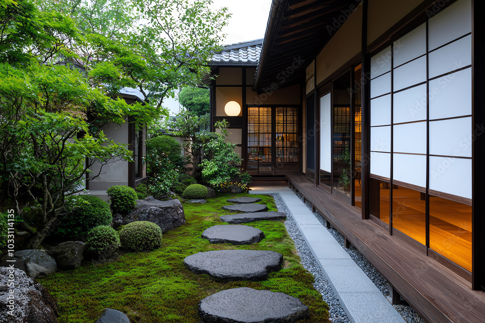 Japanese garden with stone path and greenery Japanese garden with stone path and greenery