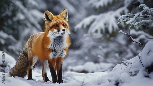 A red fox standing in a snow-covered forest