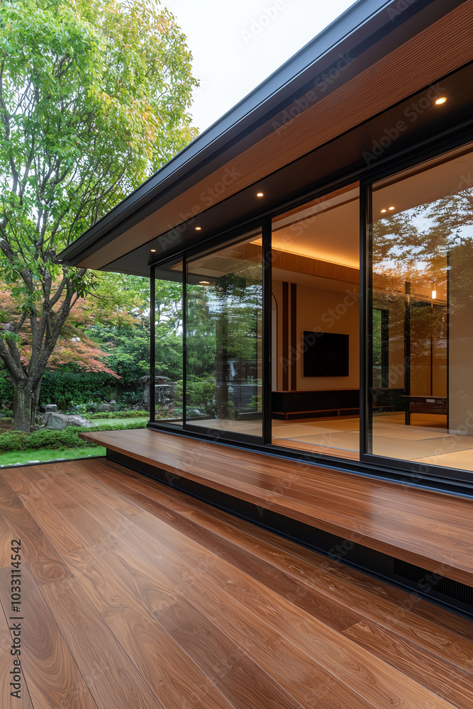 Modern house exterior with wooden terrace. Modern house exterior with wooden terrace.