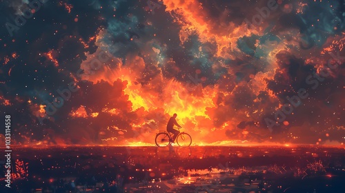 A silhouette of a cyclist rides across a vivid, fiery landscape as the sky glows with intense colors of sunset, creating a surreal and dreamlike atmosphere.