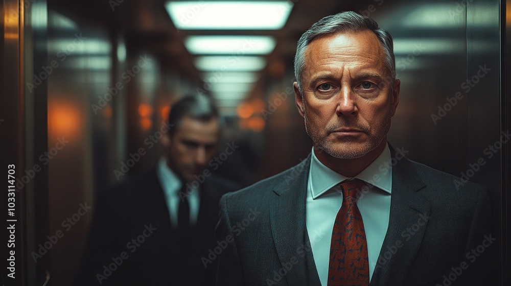 Two men in suits in a dimly lit elevator, one focused and the other in the background. Two men in suits in a dimly lit elevator, one focused and the other in the background.
