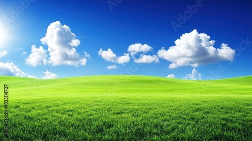 A vast green field stretches out under a blue sky with fluffy white clouds.