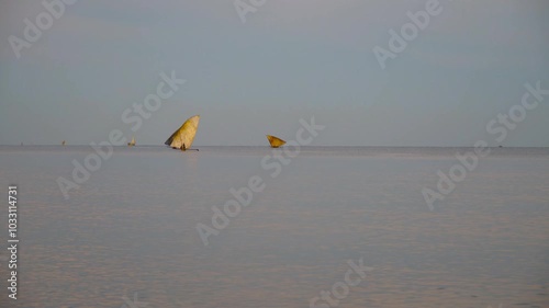 4K footage of two typical local fishing boats sailing in the Indian Ocean, Mozambique Channel, off the coast of Madagascar, with a beautiful tropical backdrop. photo