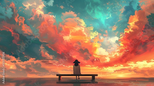 A person sits on a bench, gazing at a dramatic sunset sky filled with vibrant red and blue clouds, reflecting on the horizon.