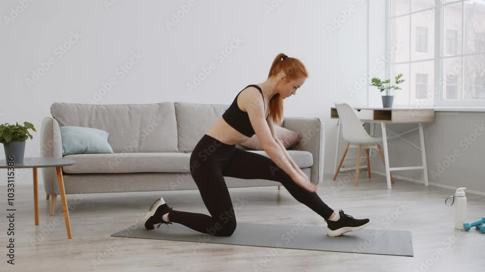 A woman in athletic wear performs a leg stretch in a stylish, well-lit living area. The modern decor includes a couch, a table, and plants, creating a serene environment for workouts. A woman in athletic wear performs a leg stretch in a stylish, well-lit living area. The modern decor includes a couch, a table, and plants, creating a serene environment for workouts.