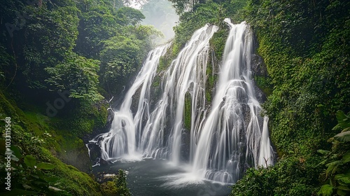 A cascading waterfall surrounded by lush greenery and mist, creating a serene and picturesque scene.