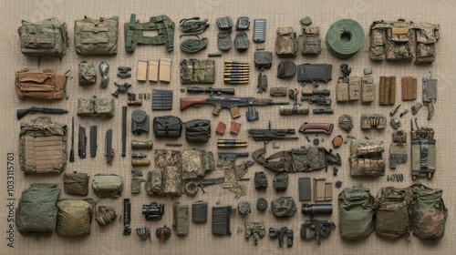 A flat lay of various tactical gear and equipment on a tan mat.