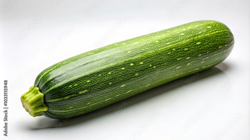 A solitary green zucchini rests on a pristine white surface, its smooth skin shimmering under the soft glow of natural light. A solitary green zucchini rests on a pristine white surface, its smooth skin shimmering under the soft glow of natural light.