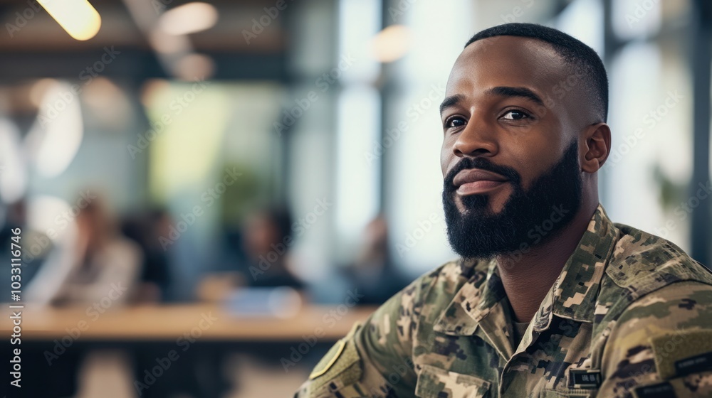 A military veteran attending a job skills workshop, preparing for a civilian career, with a focus on transferable skills and new certifications A military veteran attending a job skills workshop, preparing for a civilian career, with a focus on transferable skills and new certifications