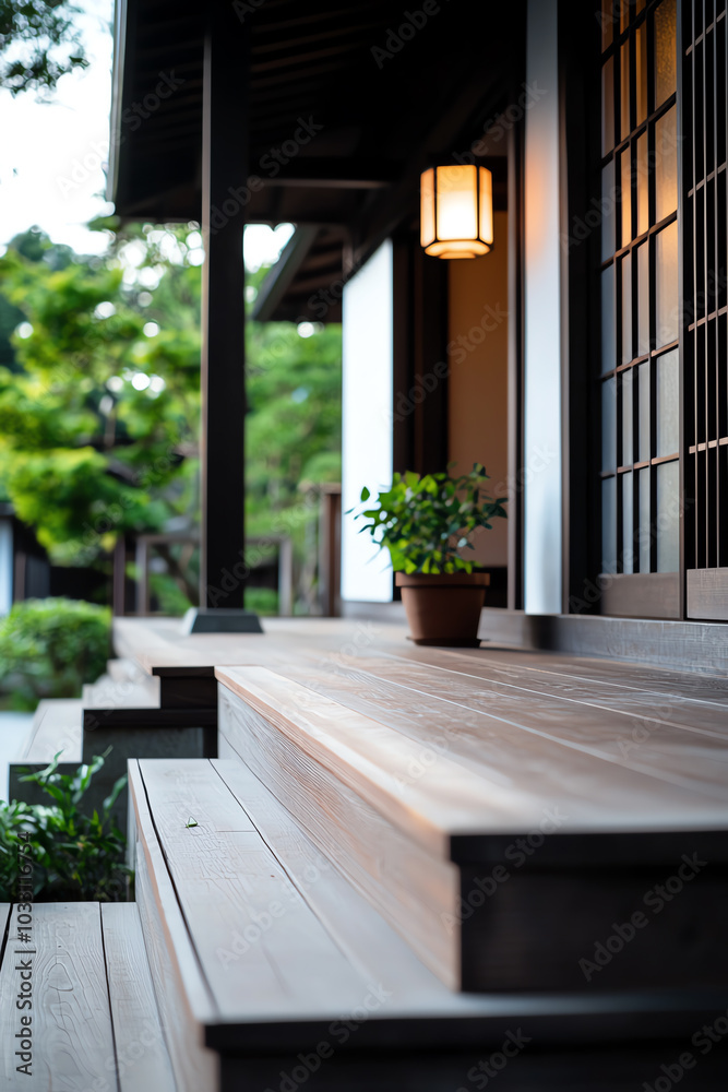 Serene wooden porch with potted plant Serene wooden porch with potted plant