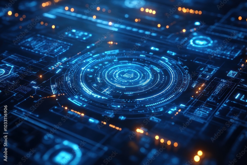 Abstract digital interface with glowing blue circuits and circular patterns. Abstract digital interface with glowing blue circuits and circular patterns.