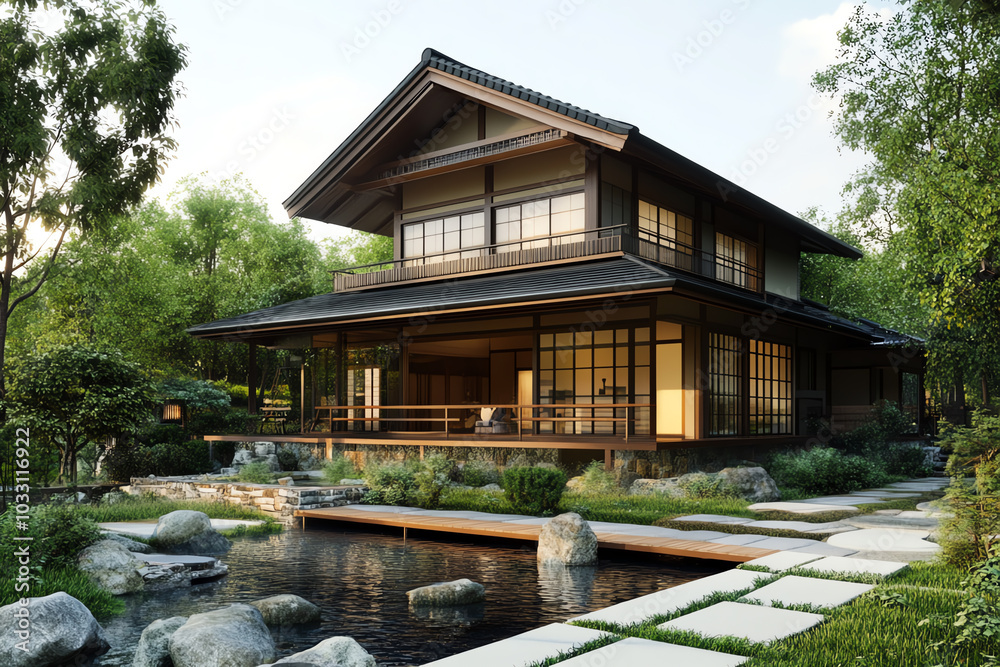 Traditional Japanese house, serene garden view Traditional Japanese house, serene garden view