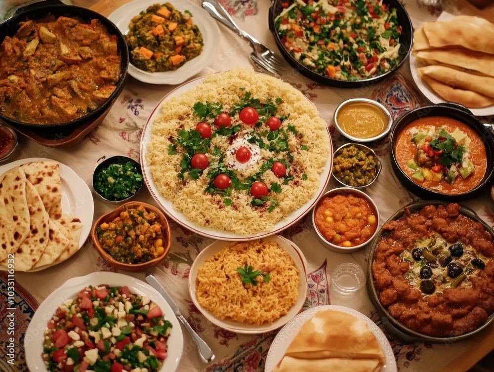 A peaceful family dinner at home, enjoying a halal takeout meal with a spread of Middle Eastern or South Asian dishes, the food beautifully presented on the table