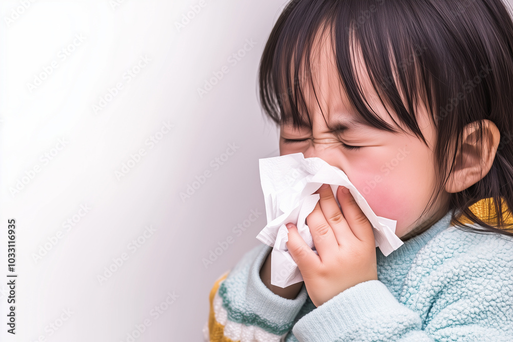 A Asian children is sneezing with a tissue, wearing light blue sleeves. The child is an 5-year-old black haired girl, The background is white A Asian children is sneezing with a tissue, wearing light blue sleeves. The child is an 5-year-old black haired girl, The background is white