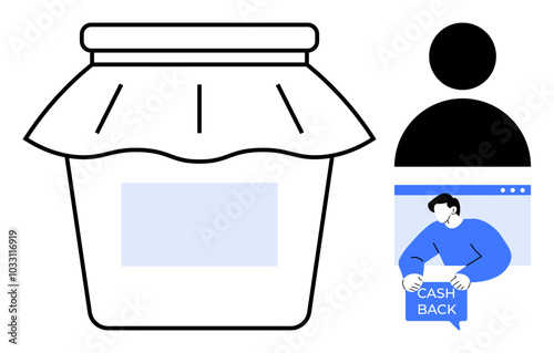 A jar with a label and a person holding a sign for cash back. Ideal for savings themes, financial planning, goal achievement, budgeting, and discounts. Simple vector style, predominantly blue, black