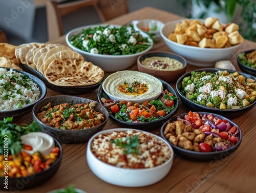 A peaceful family dinner at home, enjoying a halal takeout meal with a spread of Middle Eastern or South Asian dishes, the food beautifully presented on the table