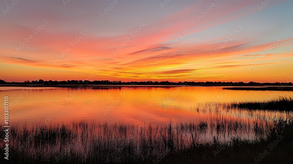 A peaceful lake reflecting the vibrant colors of a sunrise. A peaceful lake reflecting the vibrant colors of a sunrise.