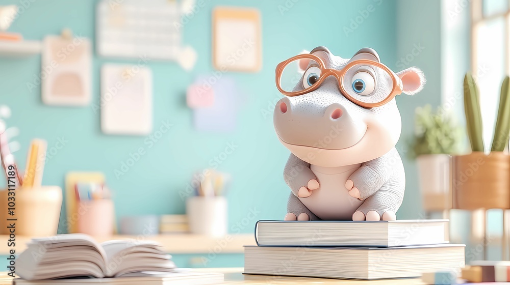 A snarky baby hippo standing on a pile of books A snarky baby hippo standing on a pile of books