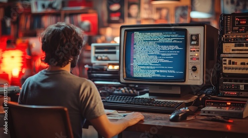 A person coding on a vintage computer in a retro-styled room filled with audio equipment.