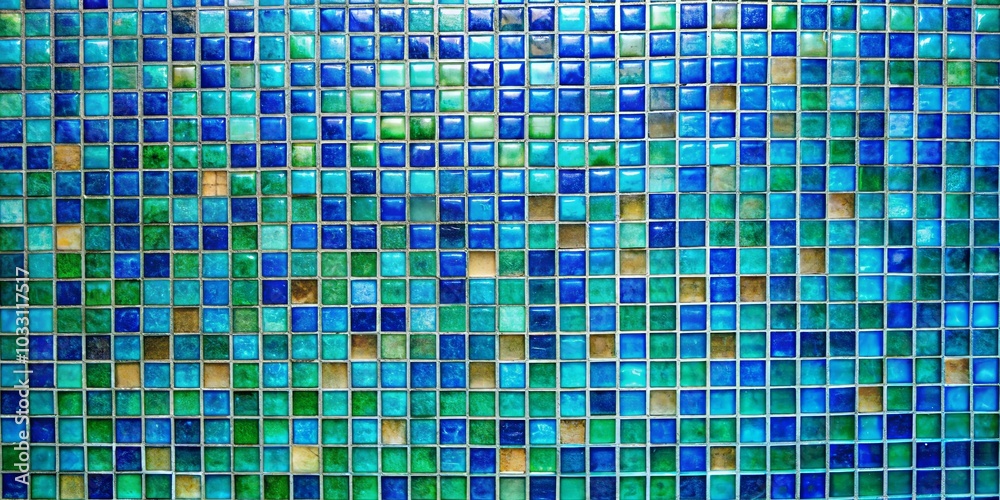 A vibrant mosaic of blue, green, and brown tiles, forming a geometric pattern with subtle color variations. A vibrant mosaic of blue, green, and brown tiles, forming a geometric pattern with subtle color variations.