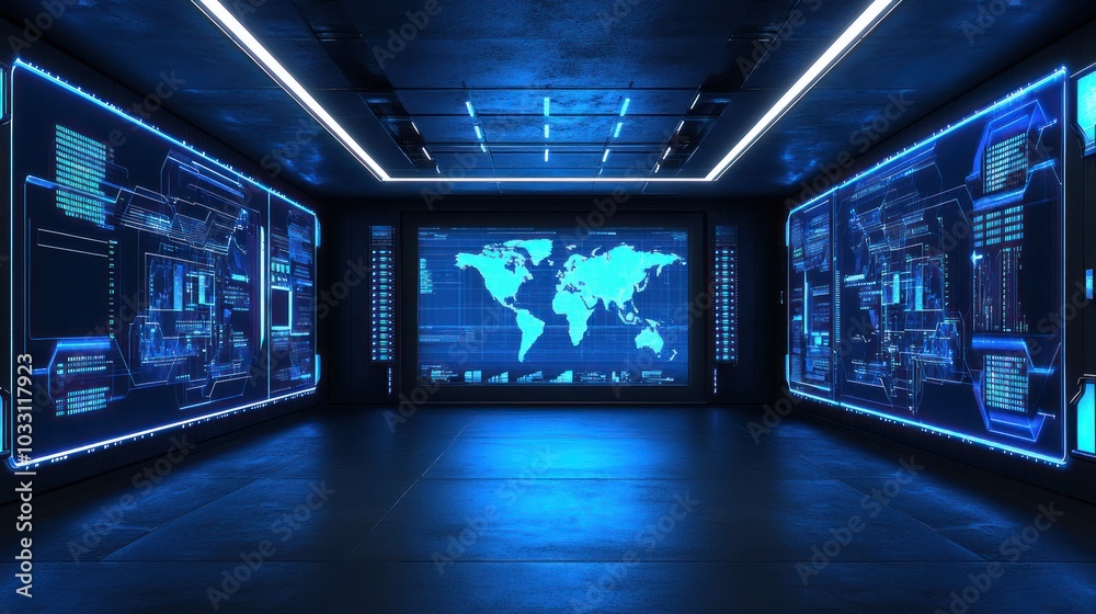 Fototapeta premium Futuristic Corridor with World Map Display and Neon Lights