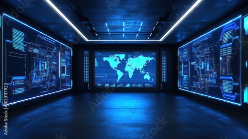 Futuristic Corridor with World Map Display and Neon Lights