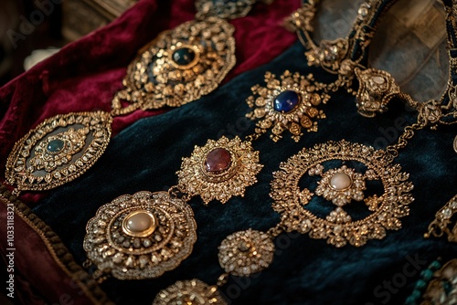 A collection of antique jewelry arranged on a velvet cloth.