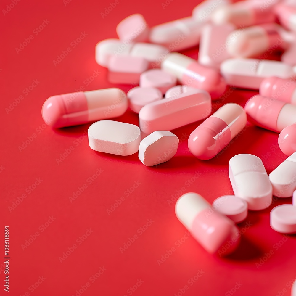 White pills on a pink background with copy space. Focus on foreground, White pills on a pink background with copy space. Focus on foreground,