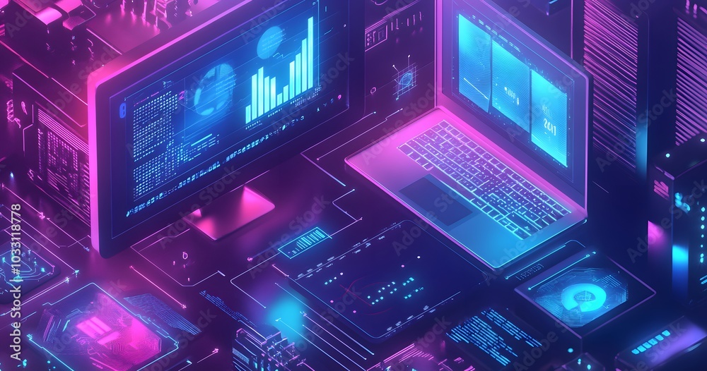 A digital illustration depicting an isometric view showcasing various elements such as graphs, charts, A digital illustration depicting an isometric view showcasing various elements such as graphs, charts,