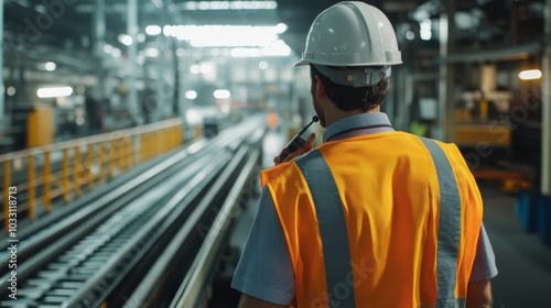 A construction worker in an orange vest and helmet surveys an industrial workspace filled with machinery and equipment.