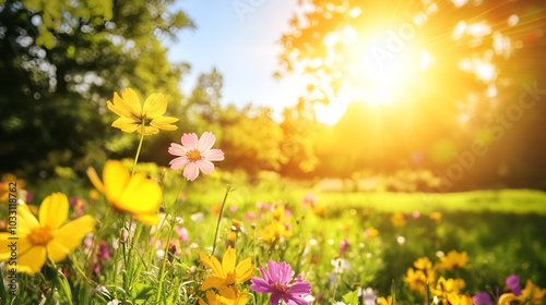 Sunlit Meadow with Blooming Wildflowers in Summer