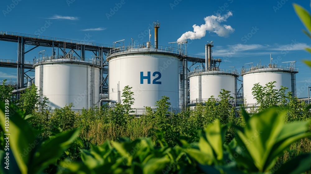 Large hydrogen storage tanks surrounded by greenery, under a clear blue sky, with a smokestack emitting vapor. Large hydrogen storage tanks surrounded by greenery, under a clear blue sky, with a smokestack emitting vapor.