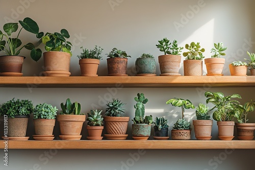 A collection of houseplants arranged on a shelf.