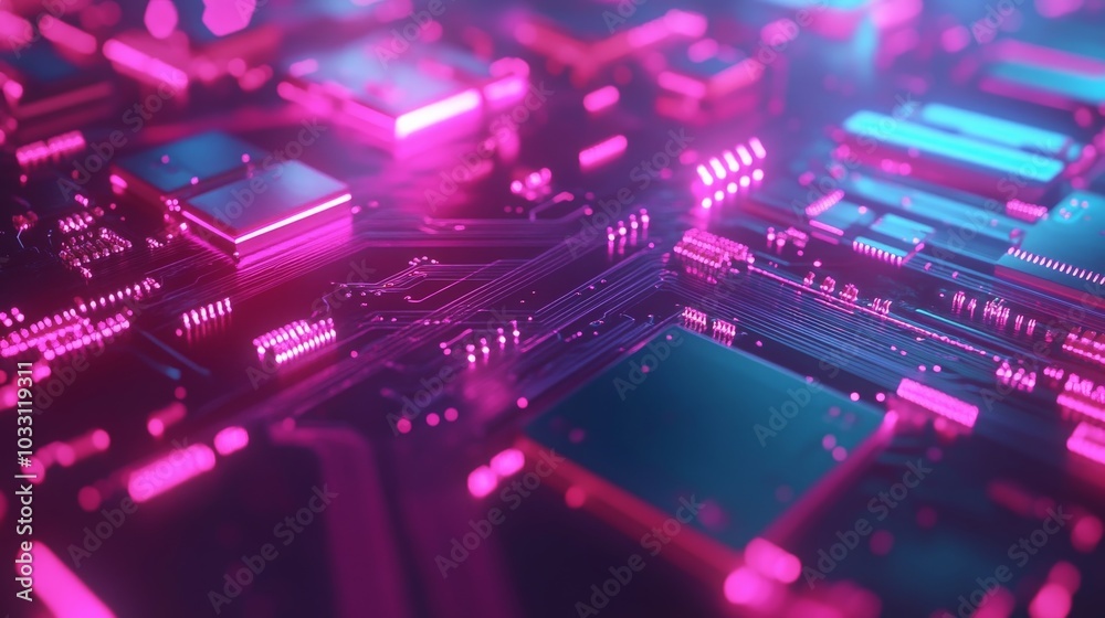 Futuristic Electronic Circuit Board with Glowing Neon Lights Futuristic Electronic Circuit Board with Glowing Neon Lights
