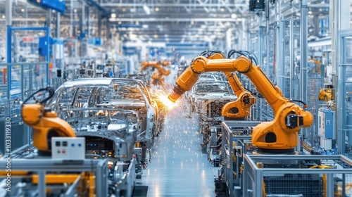 An automated robotic arm welding a car's steel frame in an industrial factory, showcasing precision manufacturing and advanced automation technology.