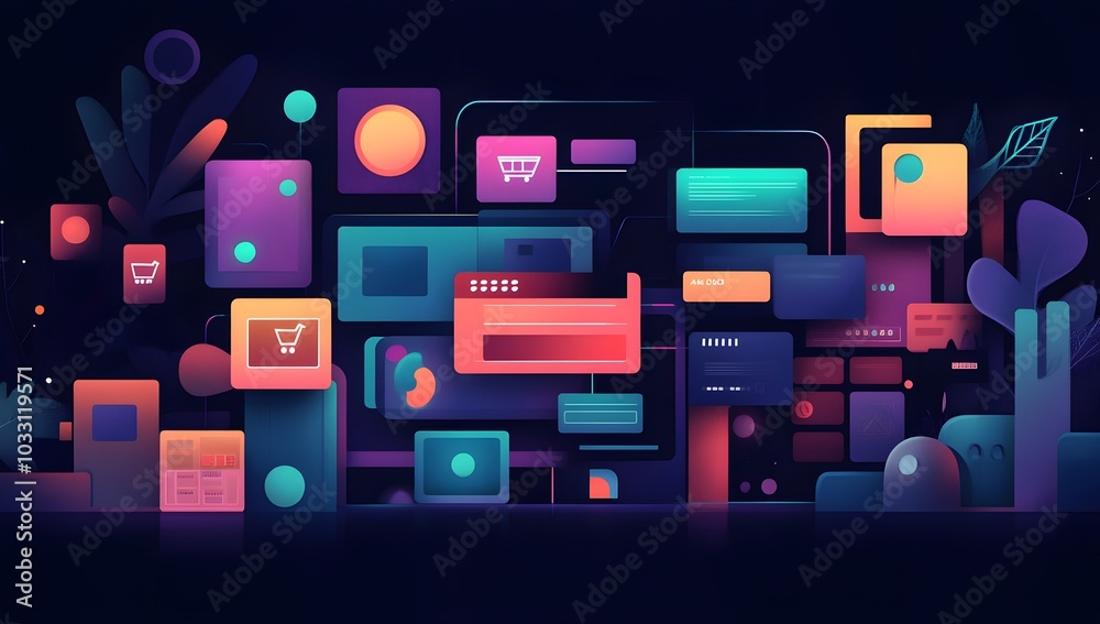 A dynamic digital illustration of an online shopping experience, with credit card symbols and glowing web pages floating around it. The background is dark A dynamic digital illustration of an online shopping experience, with credit card symbols and glowing web pages floating around it. The background is dark