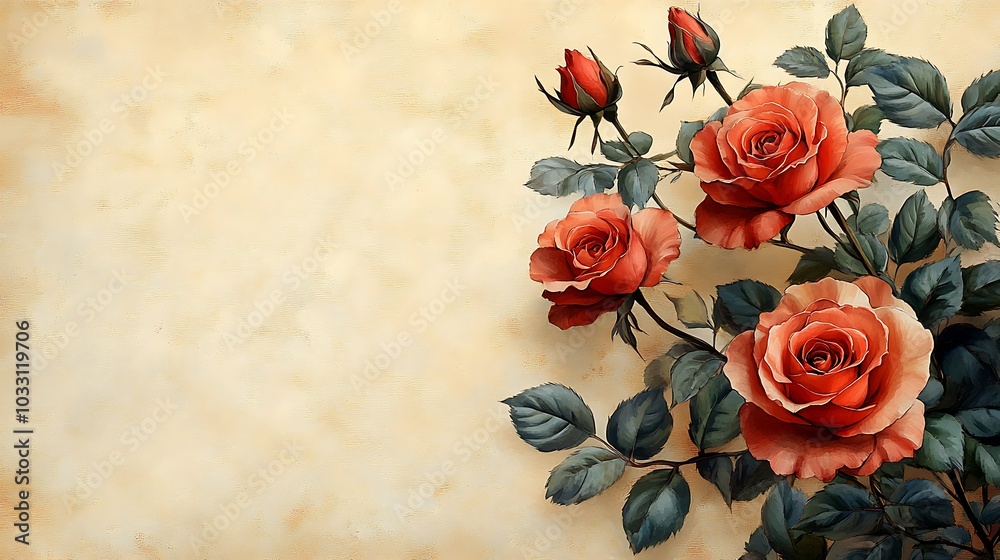 A cluster of orange roses with green leaves on a vintage beige background, leaving room for text. A cluster of orange roses with green leaves on a vintage beige background, leaving room for text.