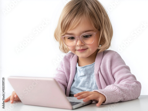 little girl with laptop, little child with laptop and computer, screen time, express virtual class for 3-5 years-old toddler. baby boss