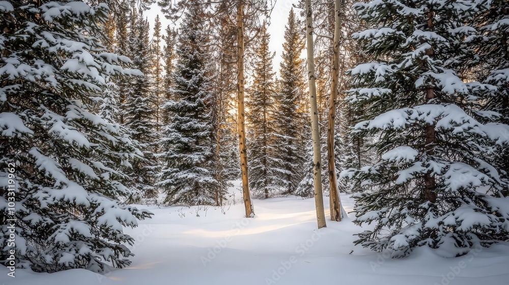 Sunbeams break through a snowy forest, illuminating the trunks of tall trees and casting long shadows on the white ground. Sunbeams break through a snowy forest, illuminating the trunks of tall trees and casting long shadows on the white ground.