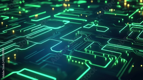 A digital circuit board background with neon green lines on a dark blue surface