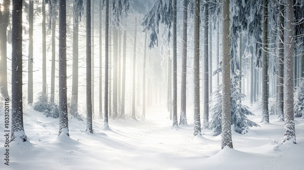 Sunlight beams through a snowy forest, illuminating a path through the trees. Sunlight beams through a snowy forest, illuminating a path through the trees.