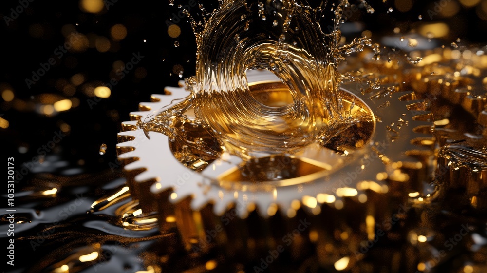 A close-up view of golden gears submerged in oil, emphasizing mechanical precision and lubrication in an industrial setting. A close-up view of golden gears submerged in oil, emphasizing mechanical precision and lubrication in an industrial setting.