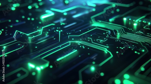 A digital circuit board background with neon green lines on a dark blue surface