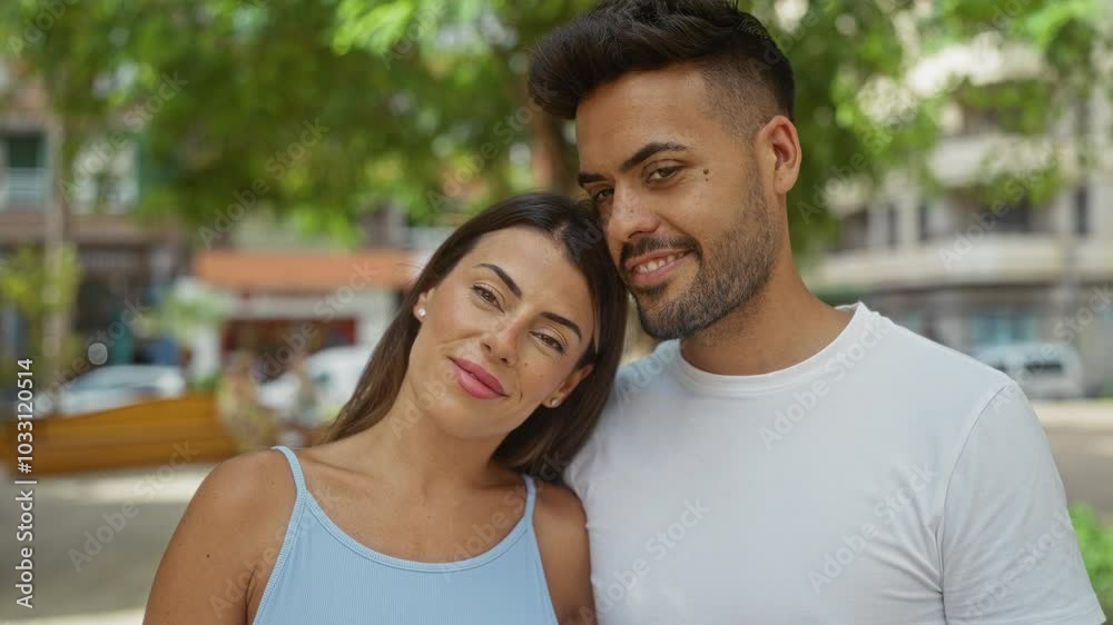 Couple smiling and looking at each other in an urban park on a bright day conveying love and happiness together outdoors Couple smiling and looking at each other in an urban park on a bright day conveying love and happiness together outdoors