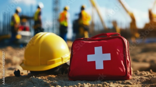 A construction site featuring a yellow helmet and a red first aid kit in the foreground, with workers engaged in building activities in the background.