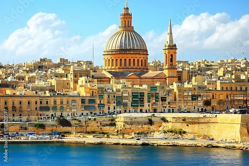 Panoramic view of Valletta, Malta, with the iconic dome and bell tower of St. Paul's Cathedral.