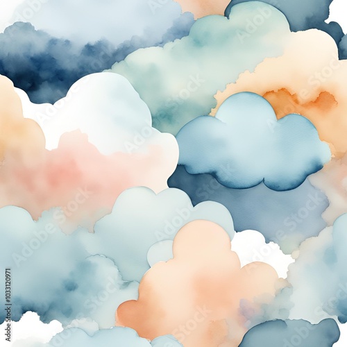 Watercolor blobs and outline of cloud with soft fluffy edges in light blue hues
