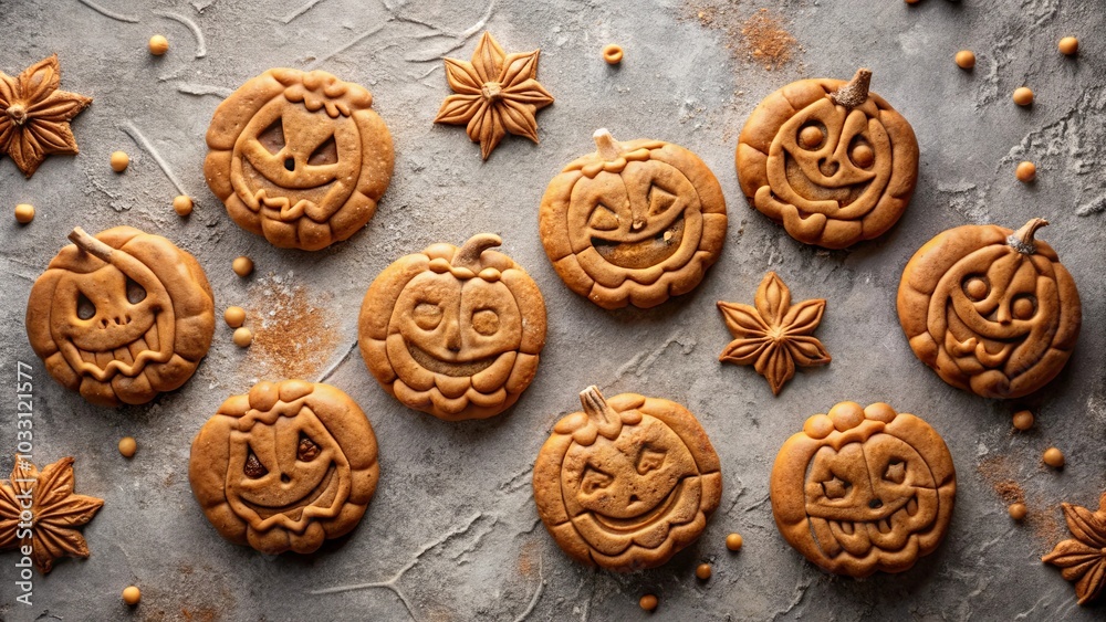 A delightful arrangement of pumpkin-shaped cookies, each adorned with a unique and expressive jack-o'-lantern face, creates a festive and playful scene on a textured surface. A delightful arrangement of pumpkin-shaped cookies, each adorned with a unique and expressive jack-o'-lantern face, creates a festive and playful scene on a textured surface.