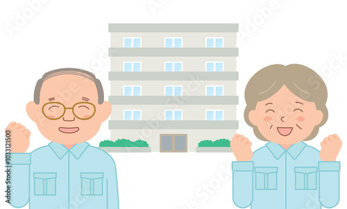 ガッツポーズする作業着を着たシニアの男女とマンション