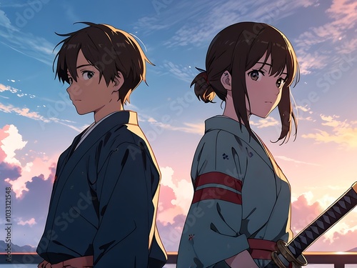 Anime boy and girl in samurai uniform style with vertical background action-oriented anime wallpaper
